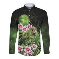 New Zealand Aotearoa Kakapo Long Sleeve Button Shirt Maori Pattern With Manuka Galaxy Style - Polynesian Pride