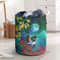 New Zealand Tui Bird Laundry Basket Maori Koru With Pohutukawa Galaxy Style - Polynesian Pride