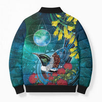 New Zealand Tui Bird Bomber Puffer Jacket Maori Koru With Pohutukawa Galaxy Style - Polynesian Pride