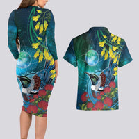 New Zealand Tui Bird Couples Matching Long Sleeve Bodycon Dress and Hawaiian Shirt Maori Koru With Pohutukawa Galaxy Style LT05 - Polynesian Pride