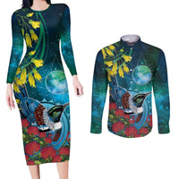 New Zealand Tui Bird Couples Matching Long Sleeve Bodycon Dress and Long Sleeve Button Shirt Maori Koru With Pohutukawa Galaxy Style - Polynesian Pride