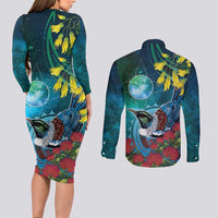 New Zealand Tui Bird Couples Matching Long Sleeve Bodycon Dress and Long Sleeve Button Shirt Maori Koru With Pohutukawa Galaxy Style - Polynesian Pride