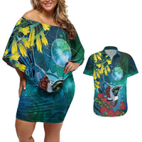 New Zealand Tui Bird Couples Matching Off Shoulder Short Dress and Hawaiian Shirt Maori Koru With Pohutukawa Galaxy Style - Polynesian Pride