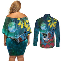 New Zealand Tui Bird Couples Matching Off Shoulder Short Dress and Long Sleeve Button Shirt Maori Koru With Pohutukawa Galaxy Style - Polynesian Pride