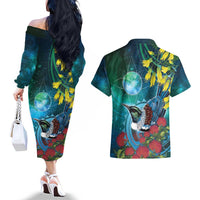 New Zealand Tui Bird Couples Matching Off The Shoulder Long Sleeve Dress and Hawaiian Shirt Maori Koru With Pohutukawa Galaxy Style - Polynesian Pride