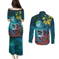New Zealand Tui Bird Couples Matching Puletasi and Long Sleeve Button Shirt Maori Koru With Pohutukawa Galaxy Style LT05 - Polynesian Pride