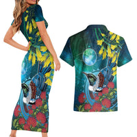 New Zealand Tui Bird Couples Matching Short Sleeve Bodycon Dress and Hawaiian Shirt Maori Koru With Pohutukawa Galaxy Style LT05 - Polynesian Pride