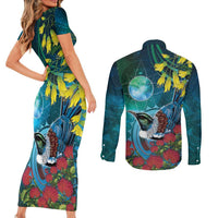 New Zealand Tui Bird Couples Matching Short Sleeve Bodycon Dress and Long Sleeve Button Shirt Maori Koru With Pohutukawa Galaxy Style LT05 - Polynesian Pride
