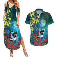 New Zealand Tui Bird Couples Matching Summer Maxi Dress and Hawaiian Shirt Maori Koru With Pohutukawa Galaxy Style - Polynesian Pride