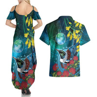 New Zealand Tui Bird Couples Matching Summer Maxi Dress and Hawaiian Shirt Maori Koru With Pohutukawa Galaxy Style LT05 - Polynesian Pride