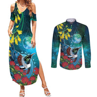 New Zealand Tui Bird Couples Matching Summer Maxi Dress and Long Sleeve Button Shirt Maori Koru With Pohutukawa Galaxy Style LT05 Blue - Polynesian Pride