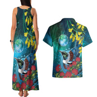 New Zealand Tui Bird Couples Matching Tank Maxi Dress and Hawaiian Shirt Maori Koru With Pohutukawa Galaxy Style LT05 - Polynesian Pride