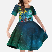 New Zealand Tui Bird Family Matching Long Sleeve Bodycon Dress and Hawaiian Shirt Maori Koru With Pohutukawa Galaxy Style LT05 Daughter's Dress Blue - Polynesian Pride