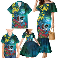 New Zealand Tui Bird Family Matching Mermaid Dress and Hawaiian Shirt Maori Koru With Pohutukawa Galaxy Style LT05 - Polynesian Pride