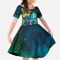 New Zealand Tui Bird Family Matching Off The Shoulder Long Sleeve Dress and Hawaiian Shirt Maori Koru With Pohutukawa Galaxy Style LT05 Daughter's Dress Blue - Polynesian Pride
