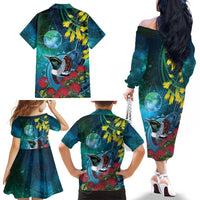 New Zealand Tui Bird Family Matching Off The Shoulder Long Sleeve Dress and Hawaiian Shirt Maori Koru With Pohutukawa Galaxy Style LT05 - Polynesian Pride
