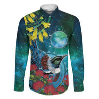 New Zealand Tui Bird Family Matching Off The Shoulder Long Sleeve Dress and Hawaiian Shirt Maori Koru With Pohutukawa Galaxy Style LT05 Dad's Shirt - Long Sleeve Blue - Polynesian Pride