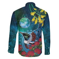New Zealand Tui Bird Family Matching Off The Shoulder Long Sleeve Dress and Hawaiian Shirt Maori Koru With Pohutukawa Galaxy Style LT05 - Polynesian Pride