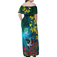 New Zealand Tui Bird Family Matching Off Shoulder Maxi Dress and Hawaiian Shirt Maori Koru With Pohutukawa Galaxy Style - Polynesian Pride