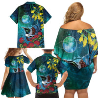 New Zealand Tui Bird Family Matching Off Shoulder Short Dress and Hawaiian Shirt Maori Koru With Pohutukawa Galaxy Style LT05 - Polynesian Pride