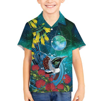 New Zealand Tui Bird Family Matching Puletasi and Hawaiian Shirt Maori Koru With Pohutukawa Galaxy Style - Polynesian Pride