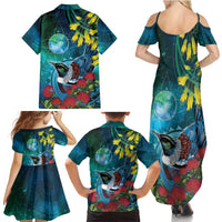 New Zealand Tui Bird Family Matching Summer Maxi Dress and Hawaiian Shirt Maori Koru With Pohutukawa Galaxy Style LT05 - Polynesian Pride