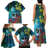 New Zealand Tui Bird Family Matching Tank Maxi Dress and Hawaiian Shirt Maori Koru With Pohutukawa Galaxy Style - Polynesian Pride
