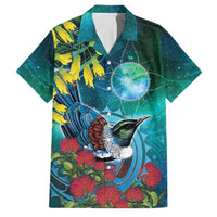 New Zealand Tui Bird Family Matching Tank Maxi Dress and Hawaiian Shirt Maori Koru With Pohutukawa Galaxy Style LT05 Dad's Shirt - Short Sleeve Blue - Polynesian Pride