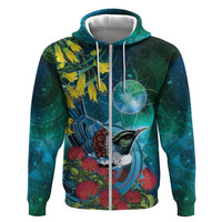 New Zealand Tui Bird Hoodie Maori Koru With Pohutukawa Galaxy Style - Polynesian Pride