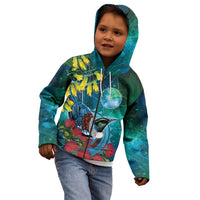 New Zealand Tui Bird Kid Hoodie Maori Koru With Pohutukawa Galaxy Style - Polynesian Pride