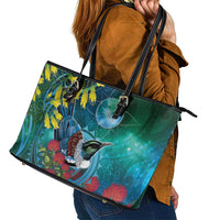 New Zealand Tui Bird Leather Tote Bag Maori Koru With Pohutukawa Galaxy Style - Polynesian Pride