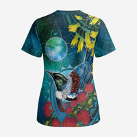 New Zealand Tui Bird Scrub Top Maori Koru With Pohutukawa Galaxy Style - Polynesian Pride