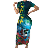 New Zealand Tui Bird Short Sleeve Bodycon Dress Maori Koru With Pohutukawa Galaxy Style LT05 Long Dress Blue - Polynesian Pride