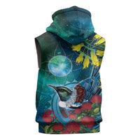 New Zealand Tui Bird Sleeveless Zip Hoodie Maori Koru With Pohutukawa Galaxy Style - Polynesian Pride