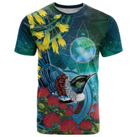 New Zealand Tui Bird T Shirt Maori Koru With Pohutukawa Galaxy Style - Polynesian Pride