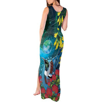 New Zealand Tui Bird Tank Maxi Dress Maori Koru With Pohutukawa Galaxy Style - Polynesian Pride