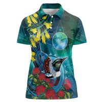 New Zealand Tui Bird Women Polo Shirt Maori Koru With Pohutukawa Galaxy Style LT05 Female Blue - Polynesian Pride