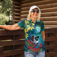 New Zealand Tui Bird Women Polo Shirt Maori Koru With Pohutukawa Galaxy Style LT05 - Polynesian Pride