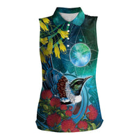 New Zealand Tui Bird Women Sleeveless Polo Shirt Maori Koru With Pohutukawa Galaxy Style - Polynesian Pride