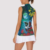 New Zealand Tui Bird Women Sleeveless Polo Shirt Maori Koru With Pohutukawa Galaxy Style - Polynesian Pride