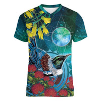 New Zealand Tui Bird Women V-Neck T-Shirt Maori Koru With Pohutukawa Galaxy Style LT05 Female Blue - Polynesian Pride