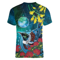 New Zealand Tui Bird Women V-Neck T-Shirt Maori Koru With Pohutukawa Galaxy Style LT05 - Polynesian Pride