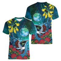 New Zealand Tui Bird Women V-Neck T-Shirt Maori Koru With Pohutukawa Galaxy Style LT05 - Polynesian Pride