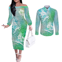 Couple Sea Turtle One Love One Heart Couples Matching Off The Shoulder Long Sleeve Dress and Long Sleeve Button Shirt LT05 Aqua - Polynesian Pride