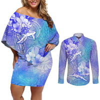 Couple Blue Sea Turtle Heart Love Couples Matching Off Shoulder Short Dress and Long Sleeve Button Shirt LT05 Blue - Polynesian Pride