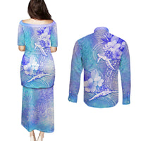 Couple Blue Sea Turtle Heart Love Couples Matching Puletasi Dress and Long Sleeve Button Shirt LT05 - Polynesian Pride