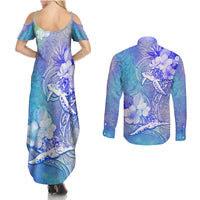 Couple Blue Sea Turtle Heart Love Couples Matching Summer Maxi Dress and Long Sleeve Button Shirt LT05 - Polynesian Pride