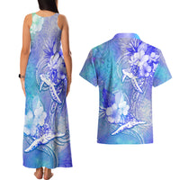 Couple Blue Sea Turtle Heart Love Couples Matching Tank Maxi Dress and Hawaiian Shirt LT05 - Polynesian Pride