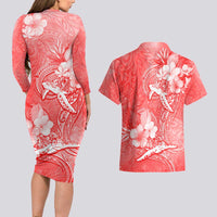 Polynesia Sea Turtle Couple Couples Matching Long Sleeve Bodycon Dress and Hawaiian Shirt Happy Valentine Day Red LT05