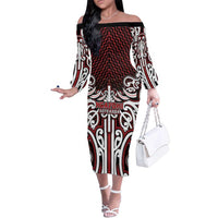 Custom Aotearoa Ngapuhi Family Matching Off The Shoulder Long Sleeve Dress and Hawaiian Shirt Maori Tribal Pattern Mix Poutama LT05 Mom's Dress Red - Polynesian Pride